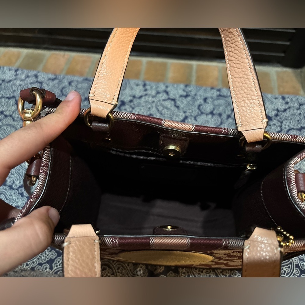 Coach Dempsey Tote 22 Crossbody Bag - Signature Canvas Stripe - Wine/Burgundy - Picture 6 of 7